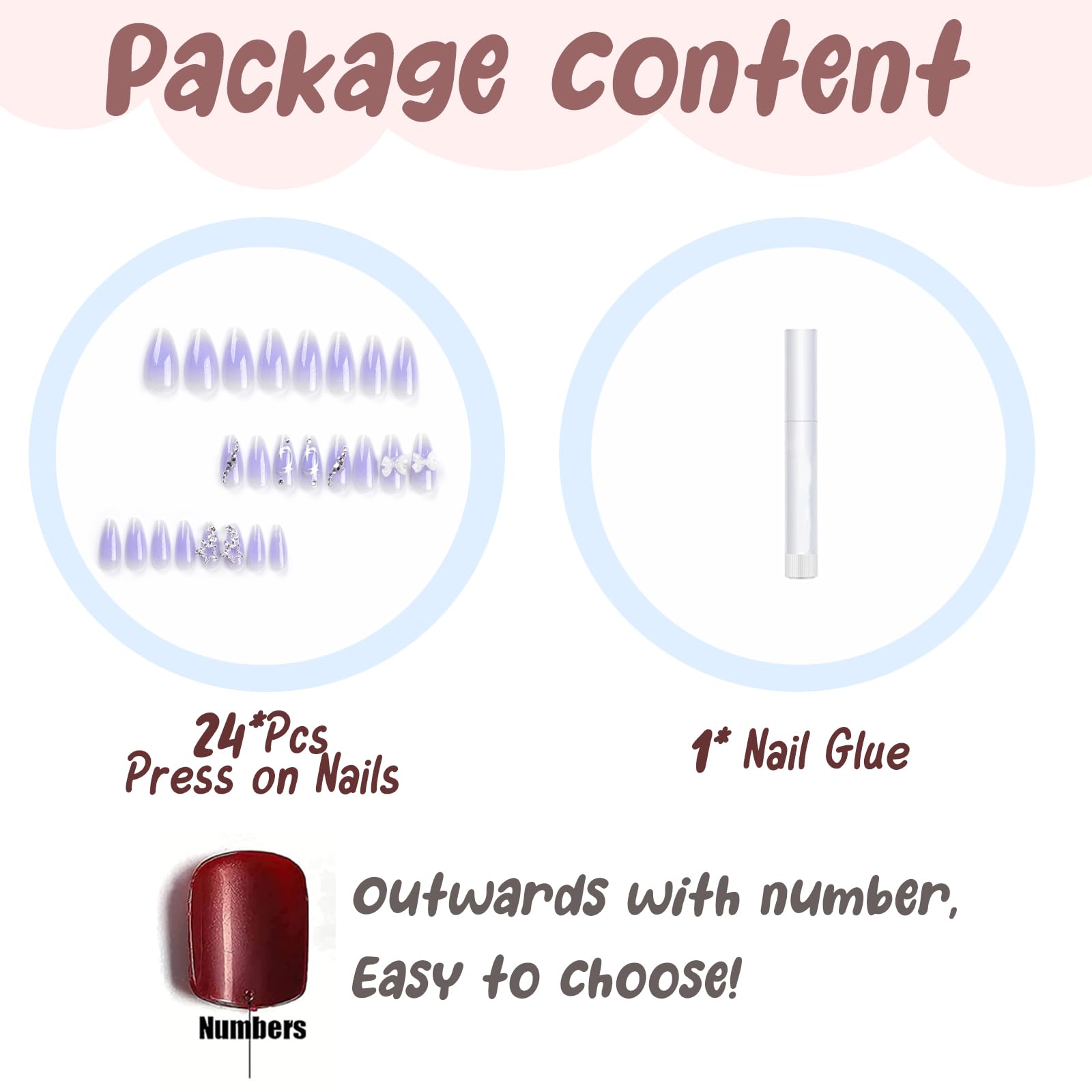 BABALAL Almond Shape Medium Purple & White Rhinestone Glitter Acrylic Nails - 24Pcs Stiletto Set Shiny False Nails for Women and Girls - Image 5