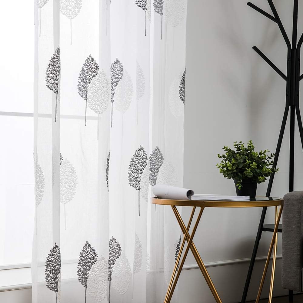MIULEE Leaves Embroidery Sheer Curtains Christmas Decoration Grommet Window Curtain Semi Voile Drapes with Eyelets Window Treatments for Living Room Bedroom Big Leaves Grey 2 Panels 55" W x 102" L - Image 4