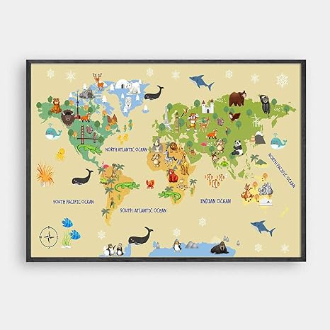 Amazon ウッドランドアニマルワールドマップポスターアートパネルプリント保育園の壁アートパネルの装飾水彩画の動物とキャンバス絵画インテリアの写真キッズルーム40x60cmフレームなし ウォールステッカー オンライン通販