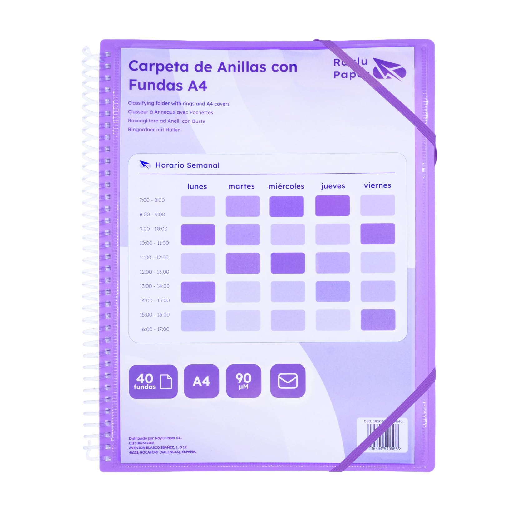 Raylu Paper® – Ring Folder with A4 90 Micron Clear Sleeves and Envelope with Velcro Closure, Customizable Cover, 100% Biodegradable Sleeve Binder (40 Pockets, Purple)