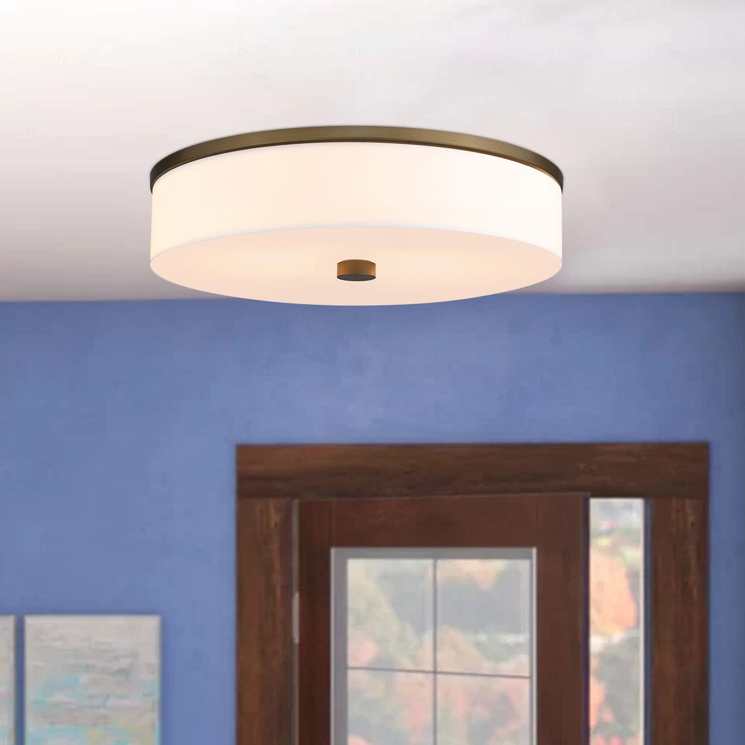 Contemporary 16" Flush Mount Light Fixture, LMS 2-Light Flush Mount Ceiling Light in Antique Brass Gold Finish, Large Ceiling Light Fixtures with Drum Milky White Acrylic Shade, Dimmable, LMS-031: Home Improvement