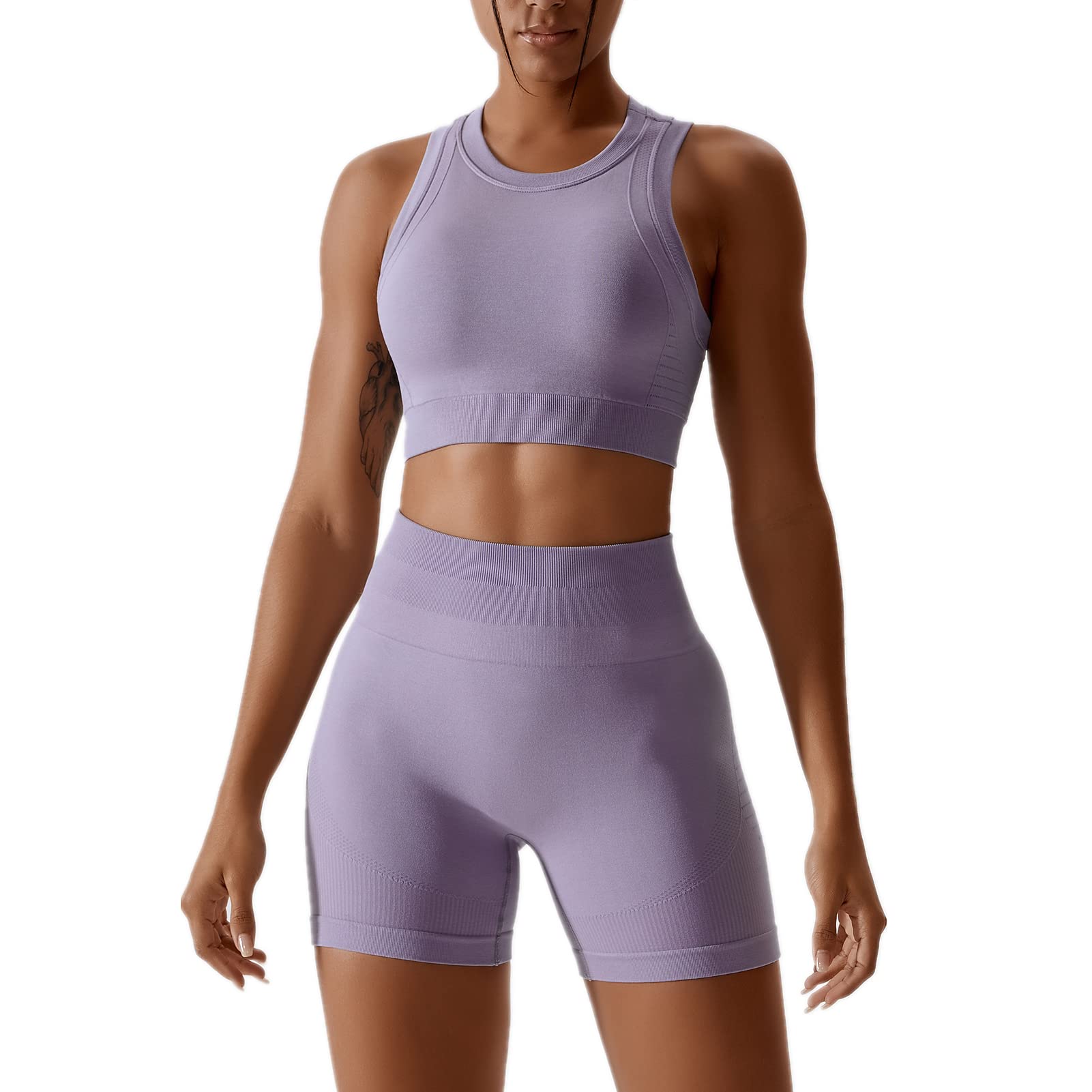 Photo 1 of ABOCIW Workout Sets for Women Seamless Racerback Sport Bra Padded Yoga Tank Tops Tummy Control High Waist Biker Shorts Gym Yoga 2 Piece Outfits Lilac Small