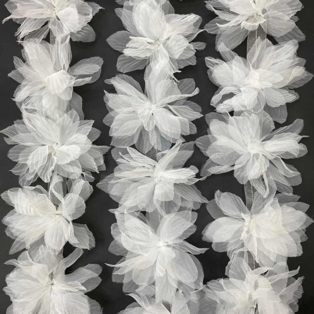 Wambere Pack of 50 11 cm Flower Lace, Three-Dimensional Petal Organza Lace, Lace Ribbon, Lace Trimming, Decorative Ribbon, Ribbon, Flower Ribbon, for DIY Sewing Crafts, White