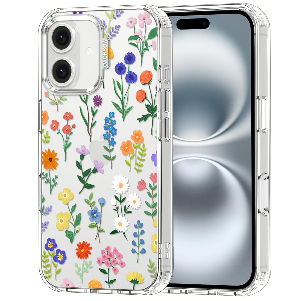 MOSNOVO Case for iPhone 16, [Buffertech 6.6ft Military-Grade Drop Protection] [Anti Peel Off Tech] Clear TPU Bumper Phone Case Cover Design - Botanical Floral