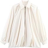 AKODOZO Womens Puffed Bomber Oversized Jacket Batwing Sleeve Streetwear Lapel Collar Zip Front Pleated Blouse Shirt