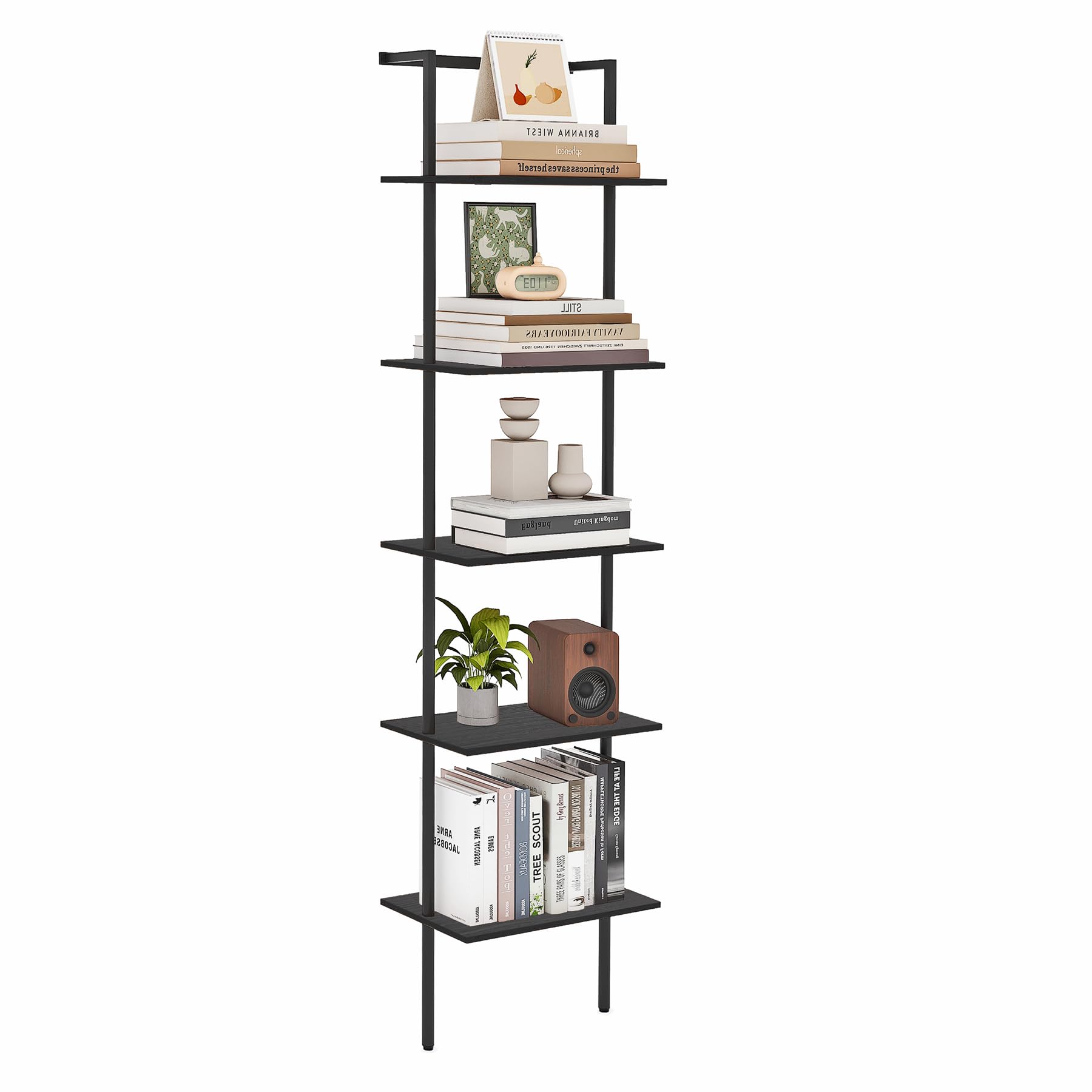 Photo 1 of POBOMULI 5-Tier Ladder Shelf, Wall Mounted Ladder Bookshelf with Metal Frame, Wood Tall Open Storage Rack and Display Shelves for Home Office Bedroom Living Room, Black