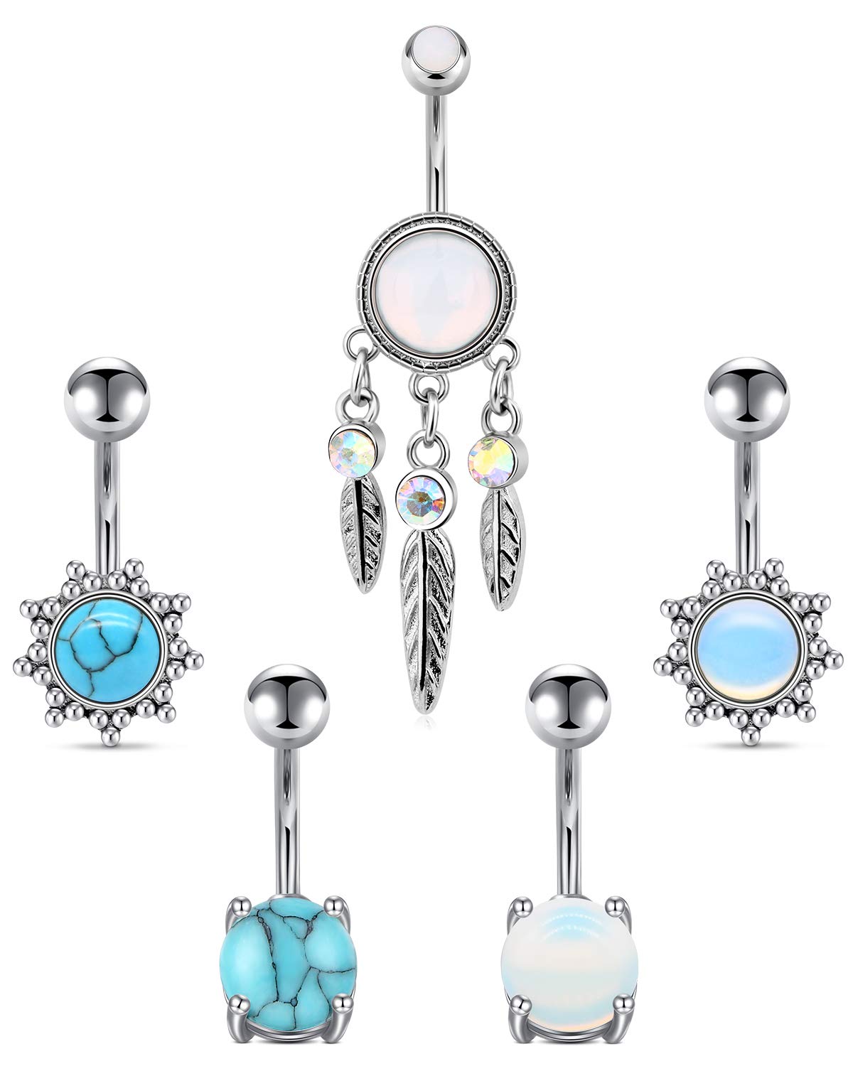 Funseedrr 3-5pcs Belly Bars Navel Rings Surgical Steel 14G 10mm Belly Button Rings Dangle Opal Turquoise Curved Barbells Body Piercing Jewellery Silver Rosegold