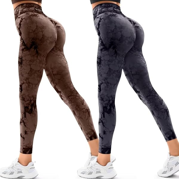 VERTVIE 2 PACK SCRUNCH BUTT LIFTING LEGGINGS FOR WOMEN TUMMY CONTROL CROSSOVER GYM WORKOUT LEGGINGS HIGH WAISTED YOGA PANTS (7/8 LENGTH,TIE DYE BLACK/TIE DYE BROWN,SMALL)