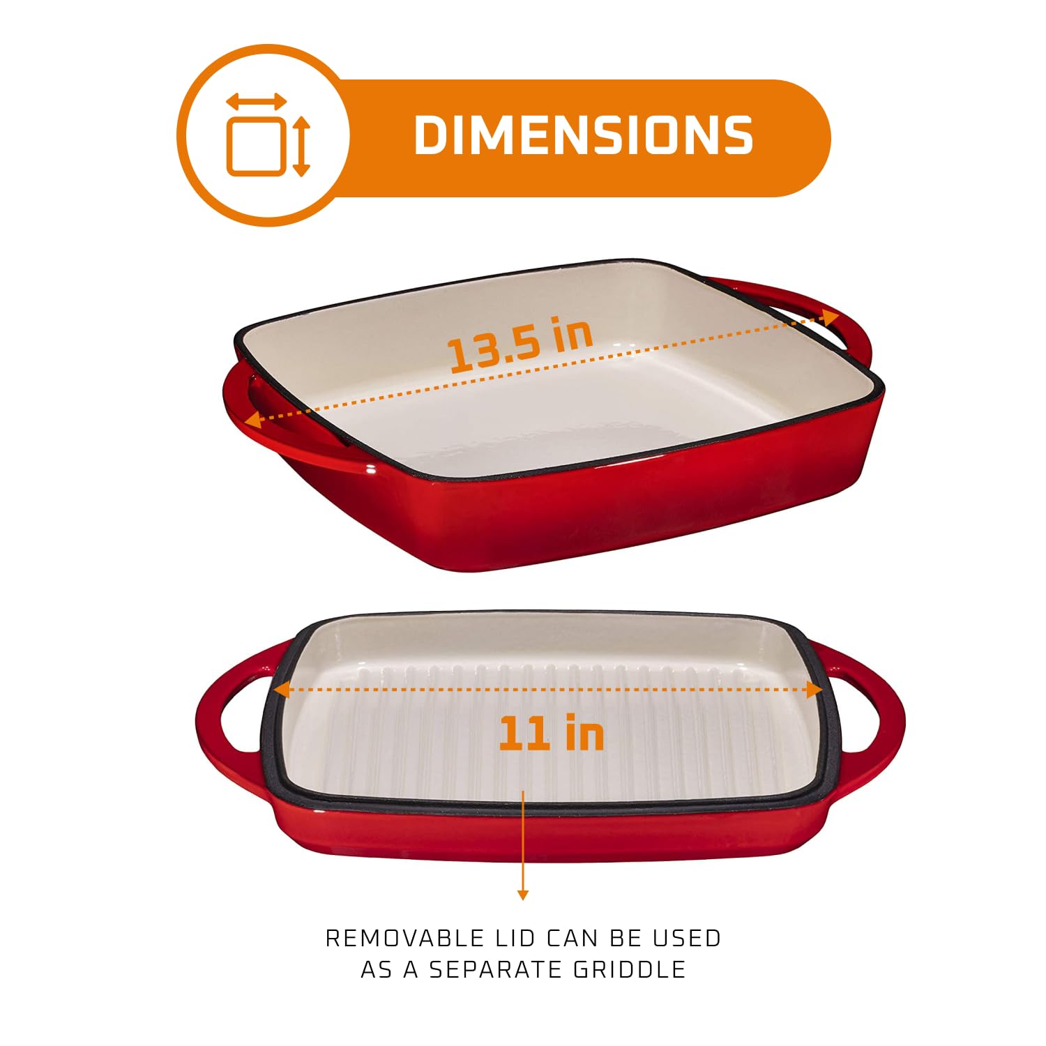 Bruntmor 2-in-1 Square Enameled Cast Iron Dutch Oven Baking Pan and Gridle Lid with Dual Handles, Cast Iron Skillet lid, Coating Gridle for Baking, Bacon,Steaks - Red