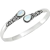 Pear Shape Natural Gemstones Bangle for Women - 925 Sterling Silver Plated Handmade Cuff Bracelet - Birthstone Adjustable Open Bangle Jewelry - Gift for Wedding Anniversaries Valentine's Day Christmas