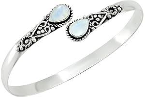 925 SILVER PLATED Pear Shape Natural Gemstones Bangle for Women - 925 Sterling Silver Plated Handmade Cuff Bracelet - Birthstone Adjustable Open Bangle Jewelry - Gift for Wedding Anniversaries Valentine's Day Christmas