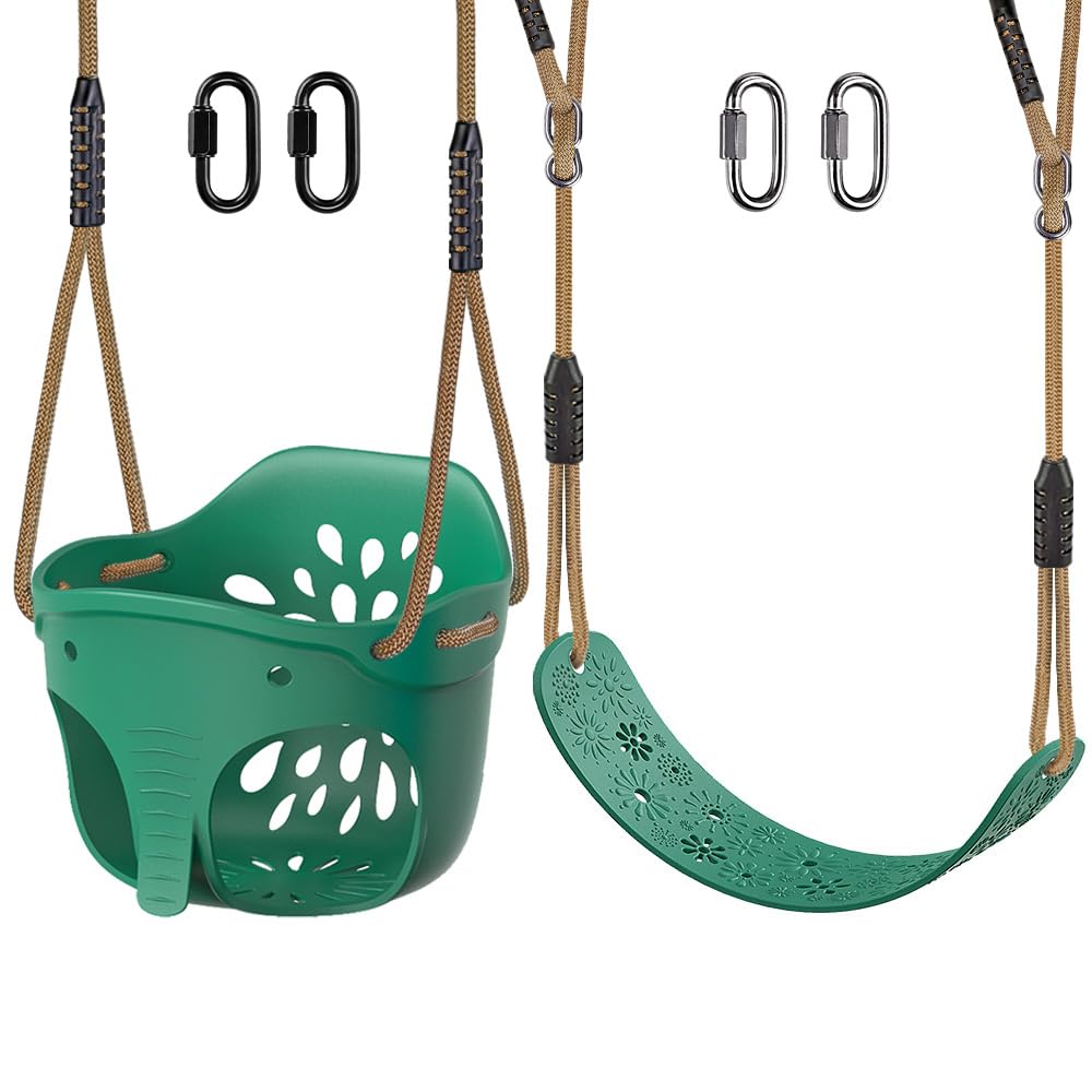 Dolibest 2pcs Swing Seat, Kids Soft Plastic Bucket Swings Indoor/Outdoor Child Tree Swinging Board with High Back & Adjustable 130-200cm Rope for 1-3 Years Toddler/Baby/Adult, Elephant&Flower/600lbs — image 1