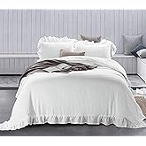 meadow park 100% Stone Washed French Linen Duvet Cover Set 3 Pieces - Super Soft, King Size 104 inches x 92 inches, Shams 20 inches x 36 inches, Ruffled Style - Button Closure - Corner Ties, White
