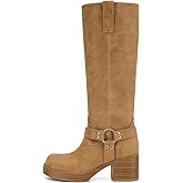 Dsevht Leather Knee High Chunky Platform Heeled Long Boots for Women: Round Toe GoGo Riding Motocycle Boots