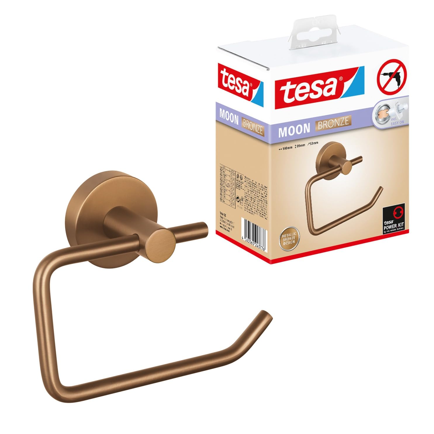 tesa Moon Porte Rouleau Papier Toilette en Bronze Brossé - Dérouleur Autocollant sans Couvercle en Métal, Revêtement PVD - sans Perçage, avec Solution Adhésive - 99 mm x 140 mm x 53 mm