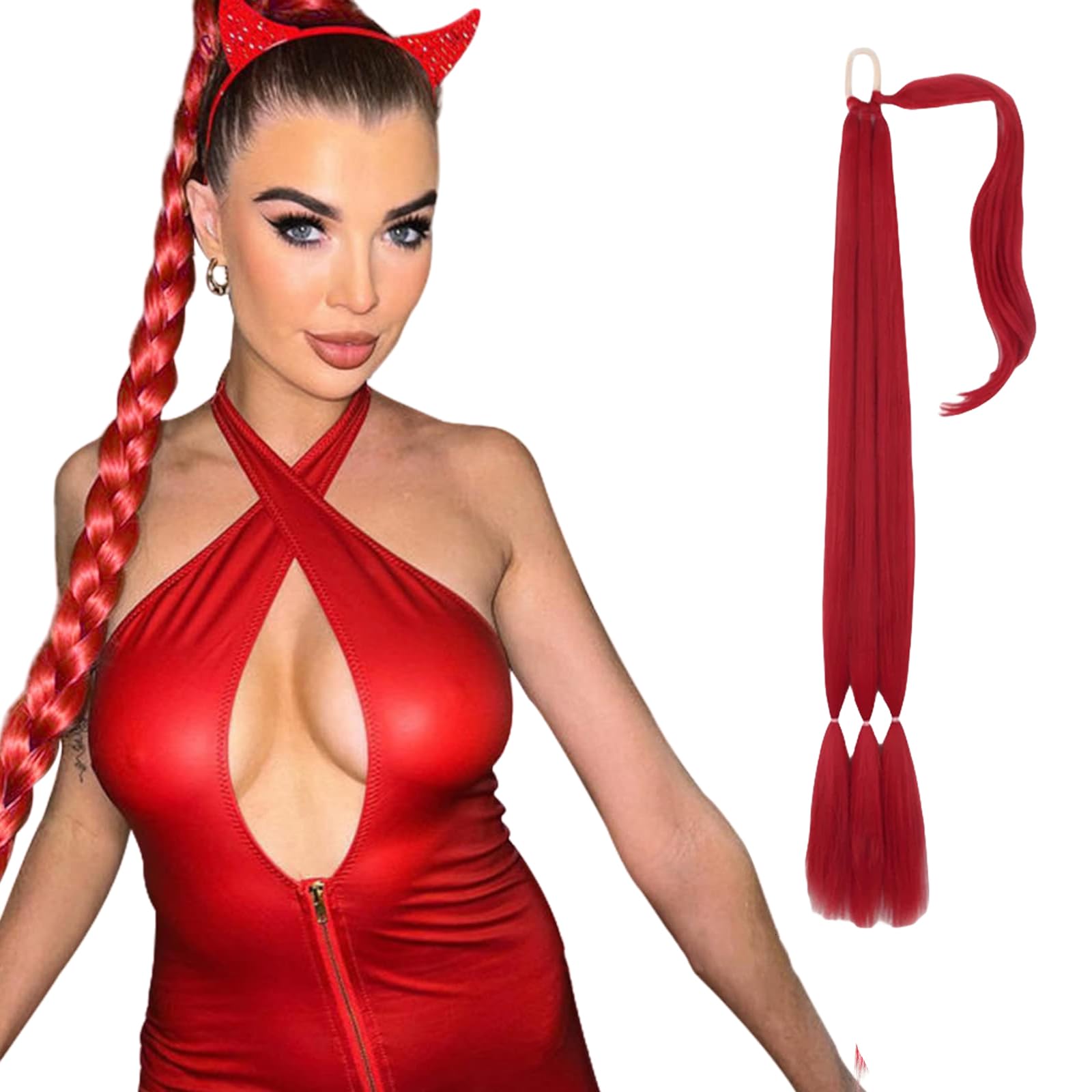 32" Long Braid Ponytail Hair extensions Wrap Around Pony Hair Pieces Drawstring Ponytail Clip In Braiding Pony Hairpiece for women girls (red, 32INCH/80cm)