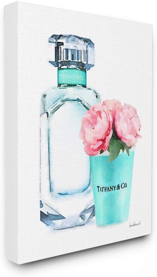 The Stupell Home Décor Collection Teal Blue Perfume Bottle and Pink Peonies Stretched Canvas Wall Art, Multi-Color, 16 x 20, Gallery Wrapped Canvas