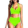 Tempt Me Women Two Piece Vintage Swimsuit Retro Halter Ruched High Waist Bikini with Bottom