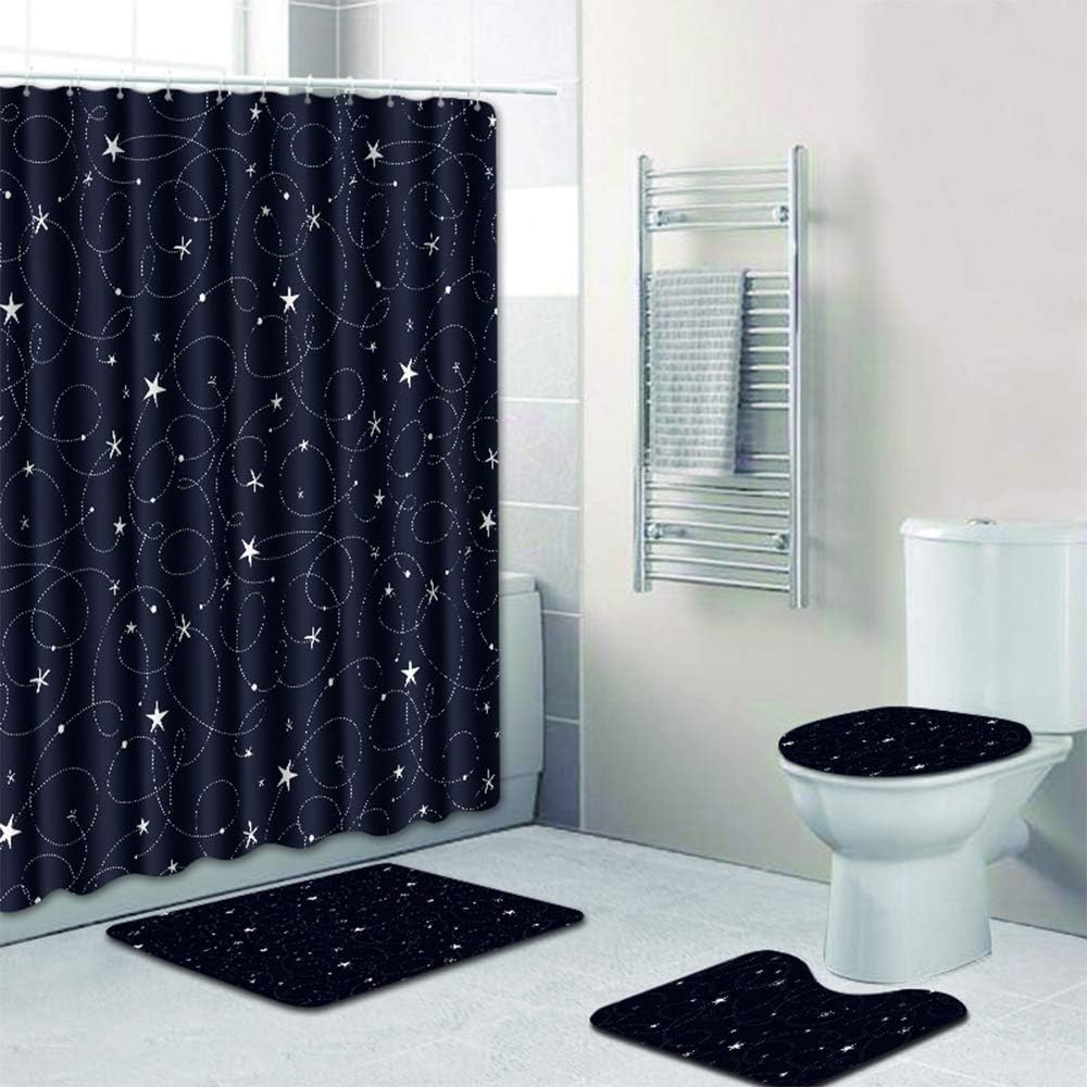 Chlove4 Pcs Anti Slip Bathroom Rugs Set Pedestal Rug + Lid Toilet Cover + Bath Mat And Waterproof Shower Curtains Home Decor,Starry Sky&Black Silver Circle