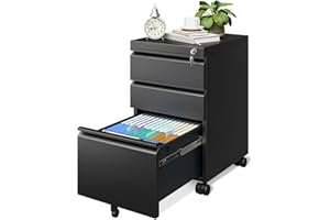 AODK File Cabinet for Home Office, Fully Assembled Filing Cabinet 3 Drawer Rolling File Cabinets with Lock, Small Mobile File Storage Cabinets for A4/Legal/Letter File, Black