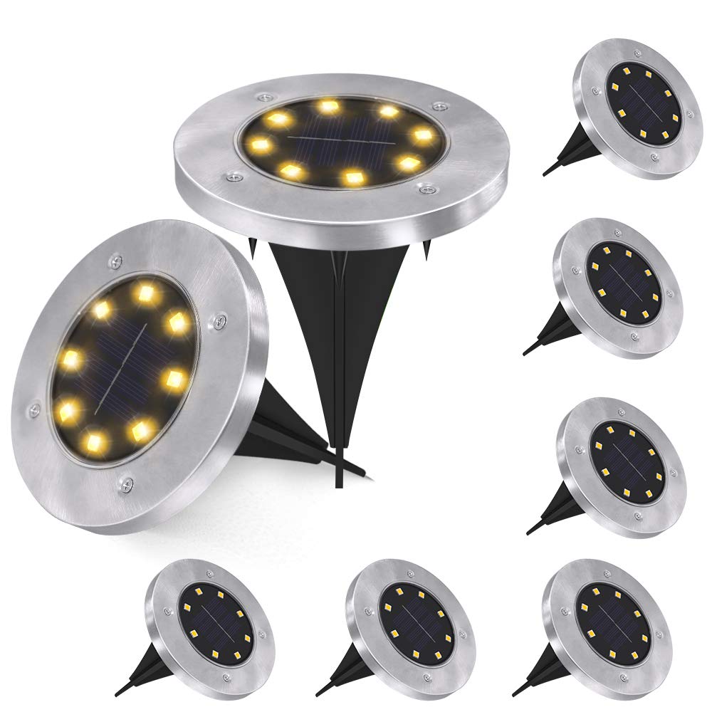 Solar Ground Lights, 8 LED Solar Garden Lights Waterproof Outdoor Garden Disk Lights for Garden Yard Patio Pathway Lawn Driveway, Warm White, 8 Pack