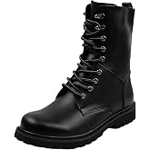 TengfeiFly Men's Mid Calf Leather Lace Up Combat Boots Round Toe Chunky Non Slip Rubber Sole Lightweight Soft Cushioned Insole for Casual Daily Streetwear Outdoors Walking Driving