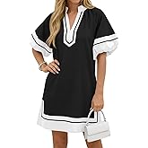 Wenrine Womens Summer Mini Dress Puff Sleeve Casual V Neck Color Block Side Slit Loose Shirt Dresses with Pockets