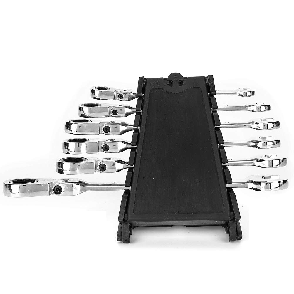 6pcs Ratcheting Socket Wrench Set - Quick Release Reversible Ratchet Handle and Swappable Spanners Sockets with Hanging Rack