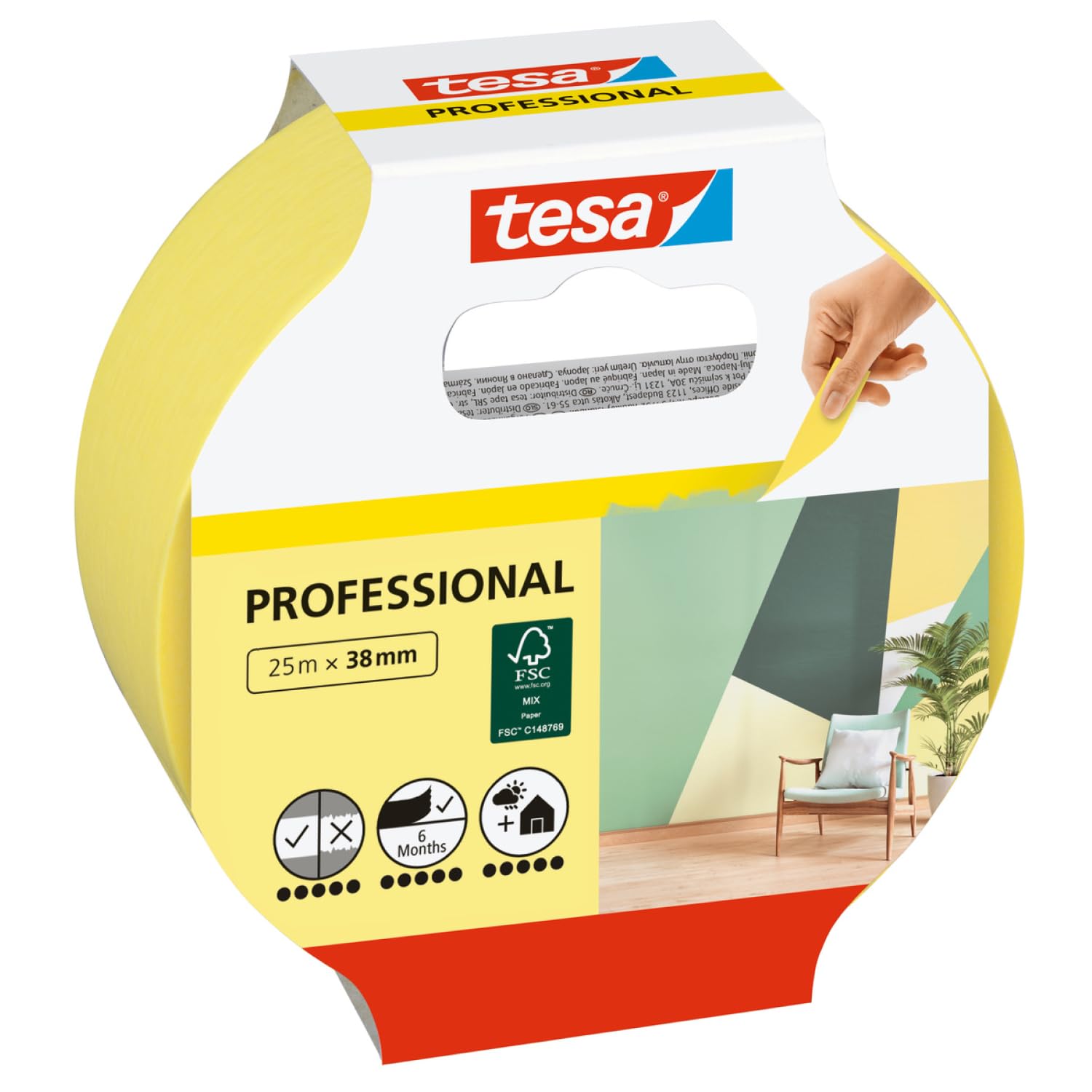 tesa Masking Tape Professional - Painter's Tape Made of Thin Washi Paper for Particularly Precise Masking During Painting Work - for Indoors and Outdoors - 25 m x 38 mm