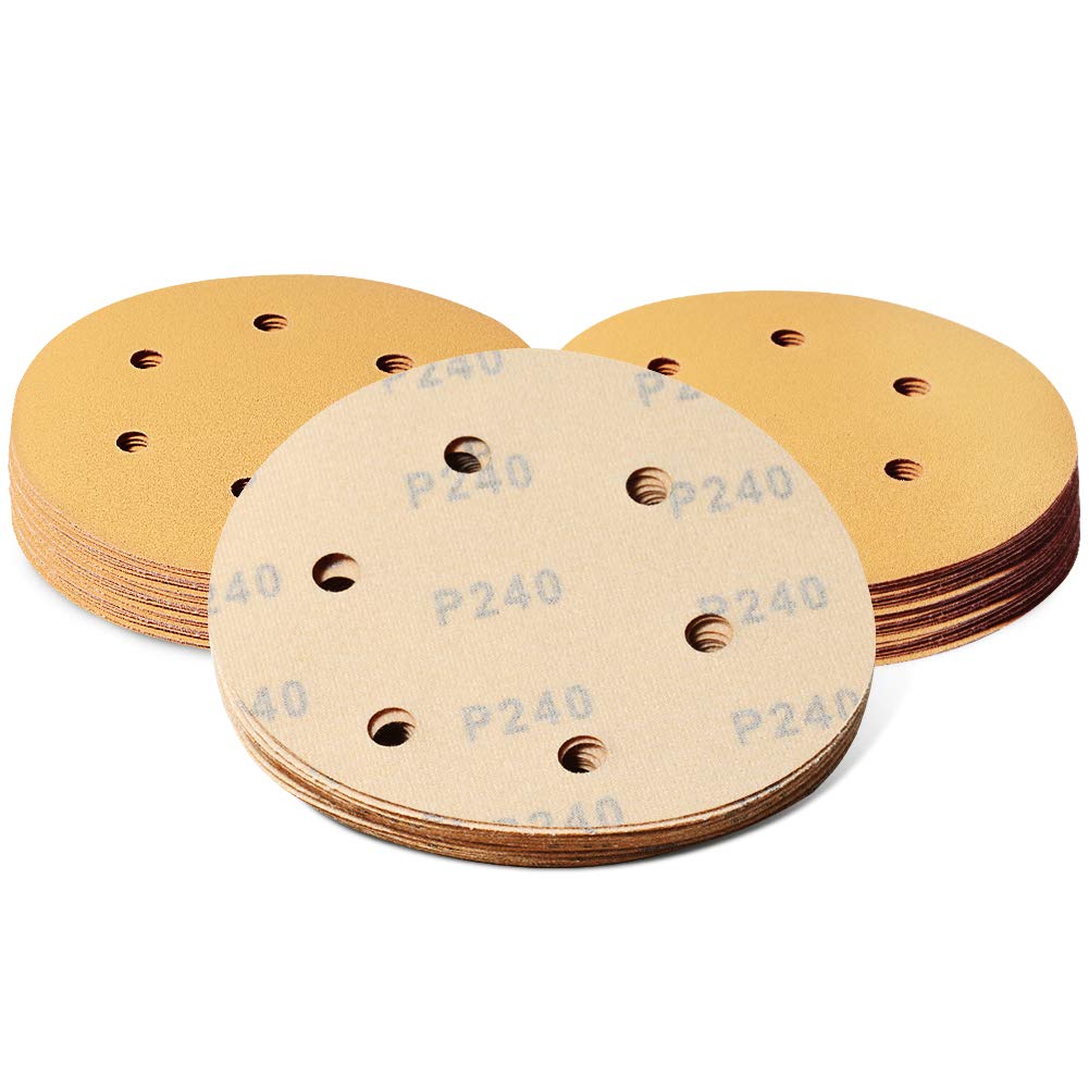 SPEEDWOX 50 Pcs Sanding Discs 6 Inches 240 Grit 6 Hole Hook and Loop Sandpaper Dustless Fit for Random Orbital Sander Assortment Yellow Finishing Discs for Automotive Woodworking