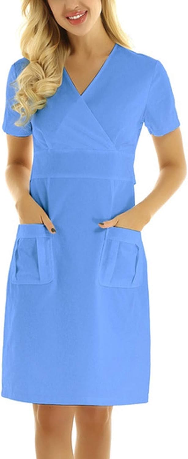 JURTEE Ladies Nurse Uniform Short Dress Solid Color Short Sleeve VNeck