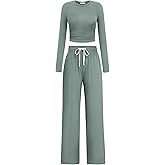PINSPARK Womens Lounge Sets 2 Piece Outfits Cropped Top Wide Leg Pants Comfy Workout Track Suits Airport Outfit with Pockets 2024, Grey Sage XS
