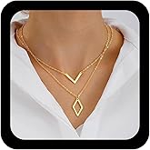 Andelaisi Boho Layered V Shape Choker Necklace Vintage Rhombus Pendant Necklace Gold Geometric Rhombus Necklaces Adjustable V Shape Chain Necklaces Jewelry for Women