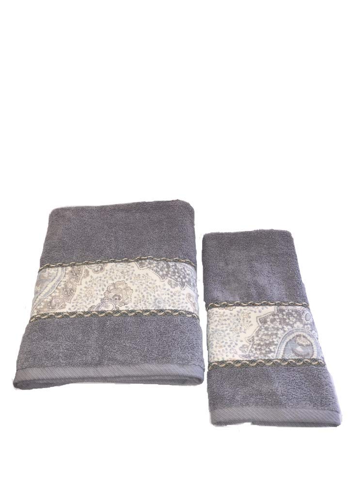 RMG Customized Light Grey Bath Towels with Paisley Print Fabric