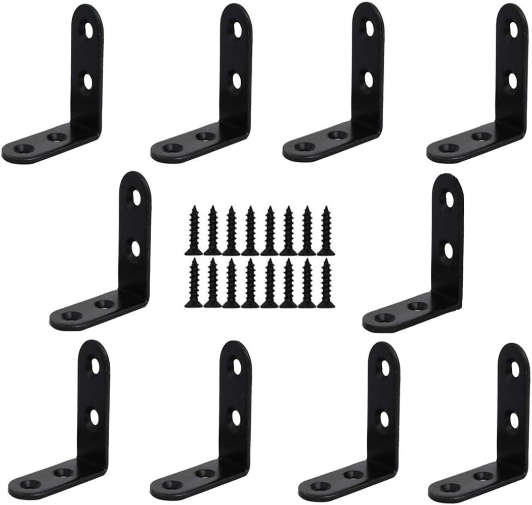 10PCS Black Metal Corner Angle Brackets 90 Degree Joint Fastener Flat L-Shape Shelf Support Corner Angle Braces Rustproof with Screws (50mmX18mmX50mm)