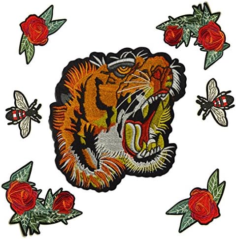 Est Mundum Motorcycle Patches Designer Snake | Bee | Tiger | Rose | Multi-Pack Kit | Embroidered Iron On Patch for Jackets and Backpacks | (Parent) (Screaming Tiger Combo)