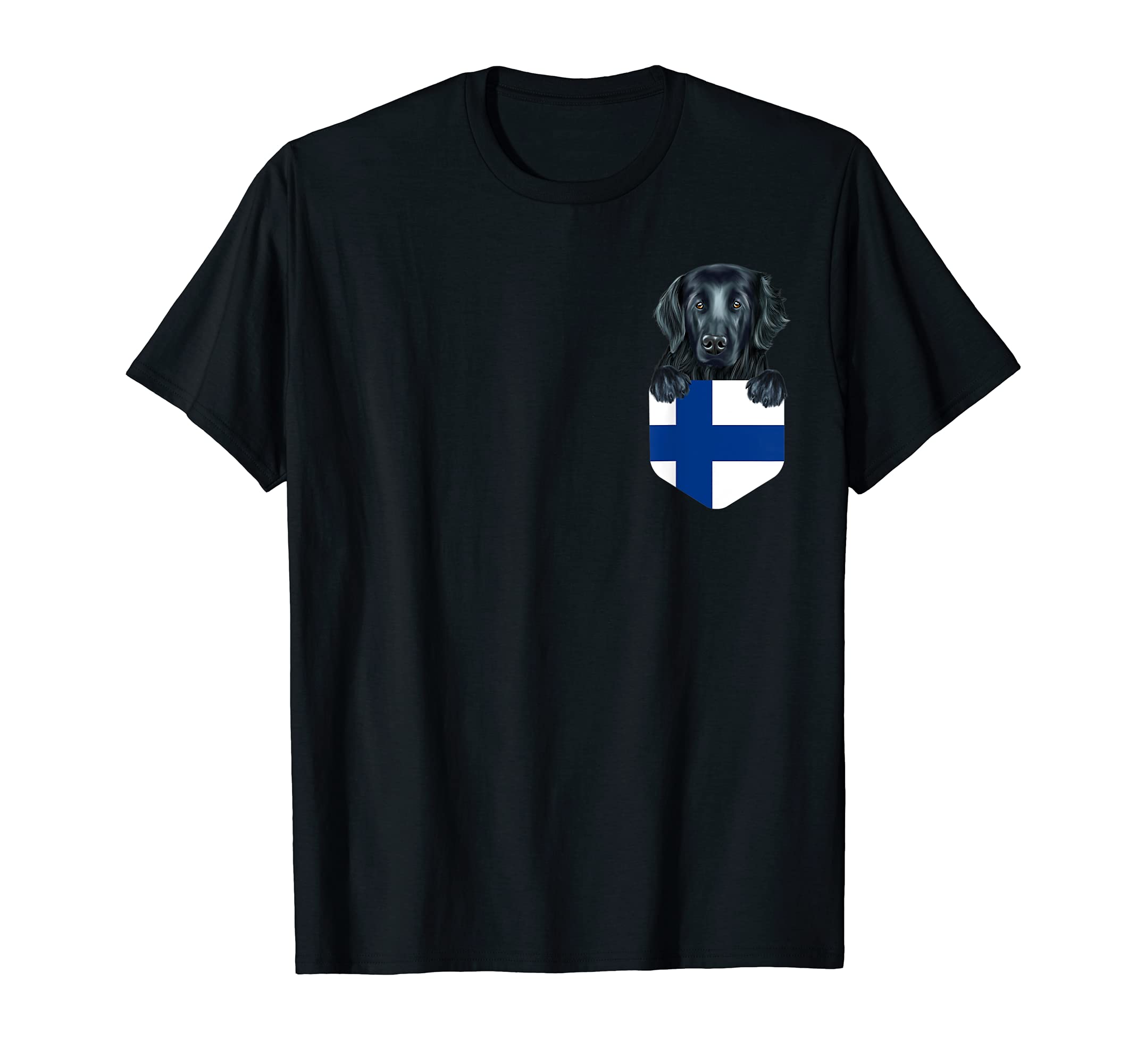 Finland Flag Flat-Coated Retriever Dog In Pocket T-Shirt