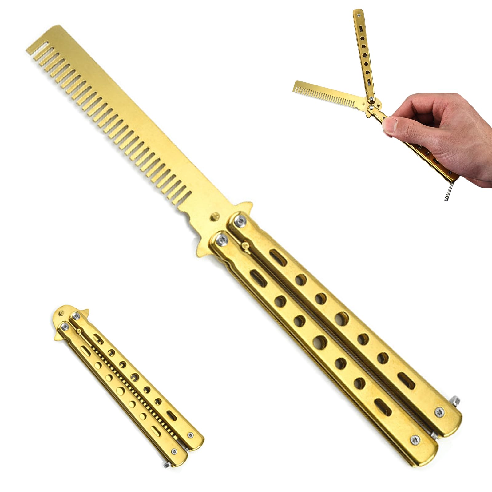 Butterfly Comb Stainless Steel - Foldable Training Comb for Hair Styling, Pocket Comb for Beginners, Hair Accessories Gold
