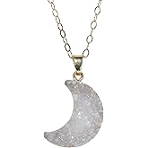 White Druzy Crescent Moon Necklace- Long -24 Inches- Real Drusy Gemstone- Women's Jewelry Gift Idea