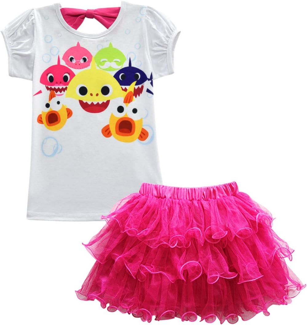 KIDHF Toddler Girl Baby Princess Shirt and Skirt Set Shark Cartoon Print Dress