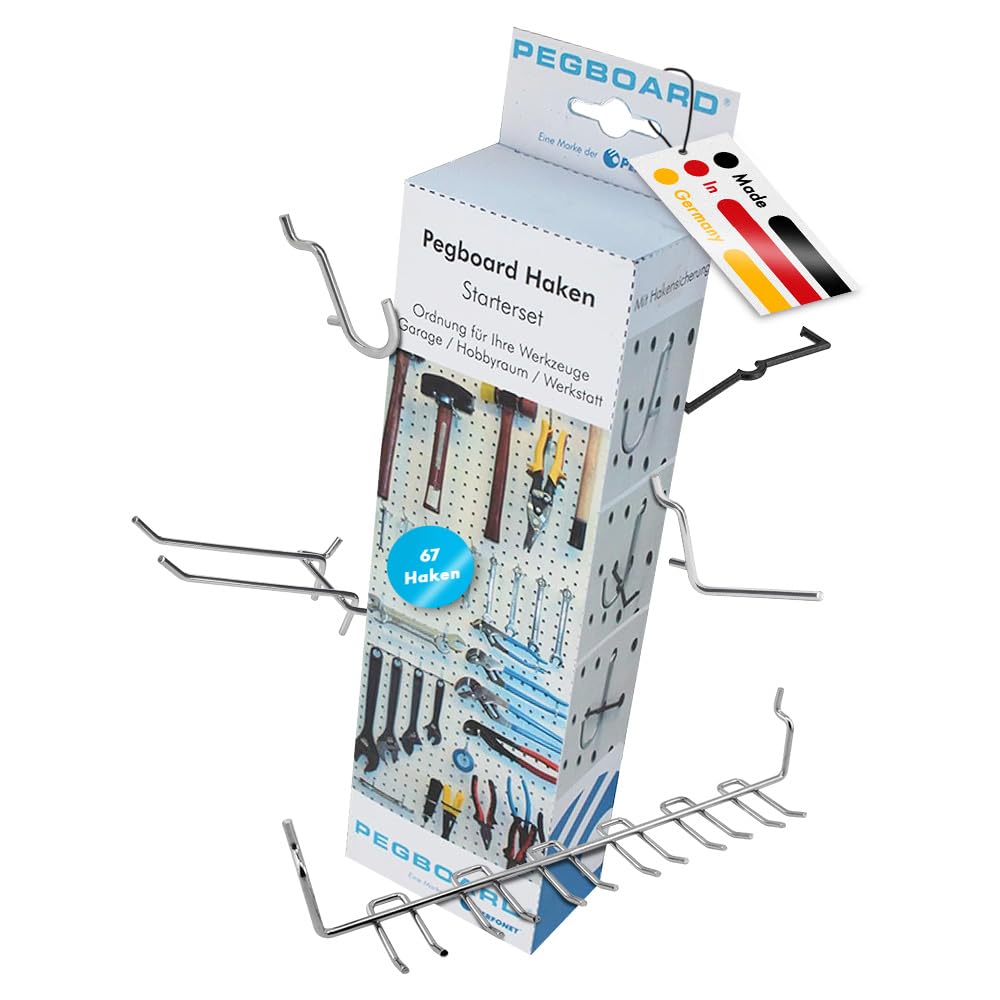 Pegboard 67-Piece Set of Perforated Wall Hooks for Tool Wall in Garage, Workshop, Basement, Garden Shed, Home Gym or Kitchen
