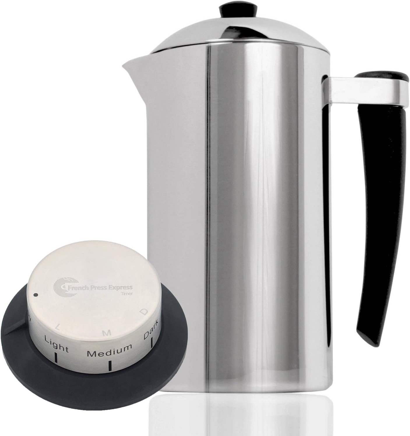 French Press Express Stainless Steel Coffee Press - Double-Wall Ergonomic Design - 1 Liter - Comes w/Coffee Timer