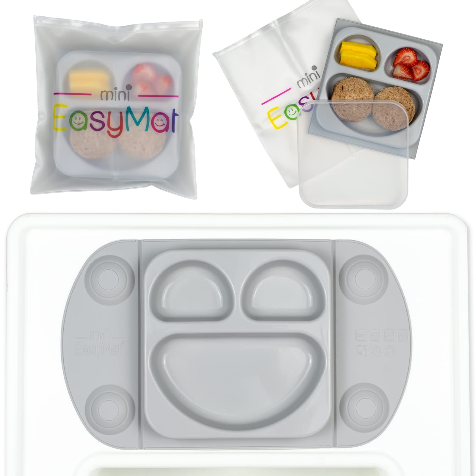 EasyMat Mini Portable Silicone Baby Suction Plate by EasyTots | Lid and Carry Case Included | Travel Friendly | Perfect Placemat for High Chair Feeding & Baby Led Weaning (Grey)