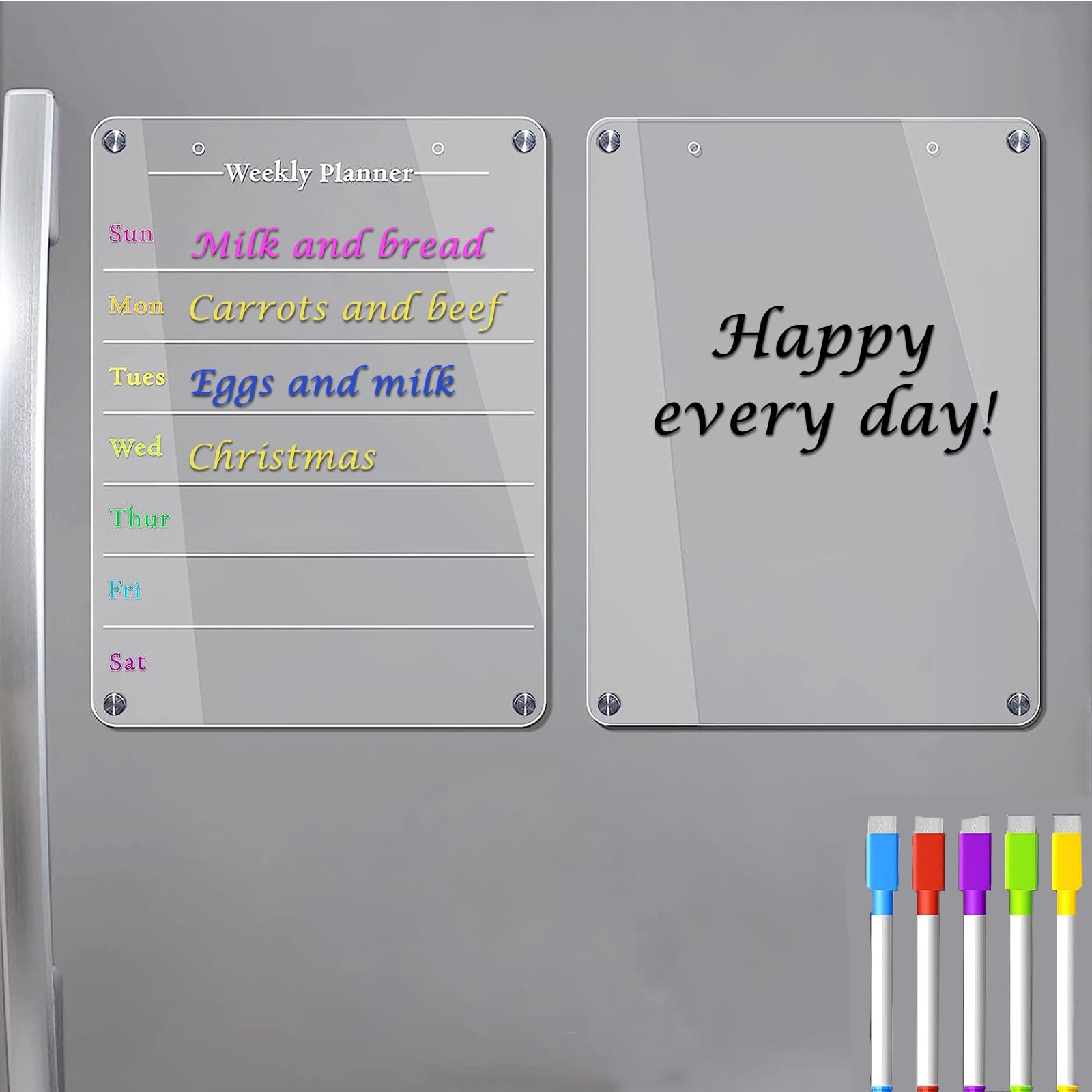 2Pcs Acrylic Magnetic Calendar for Fridge, Transparent Acrylic Planning Board，Meal Planner magnetic Clear Fridge Calendar for Fridge, Kitchen(Set of 5 Pens in Red, Blue, Purple, Green, and Yellow)