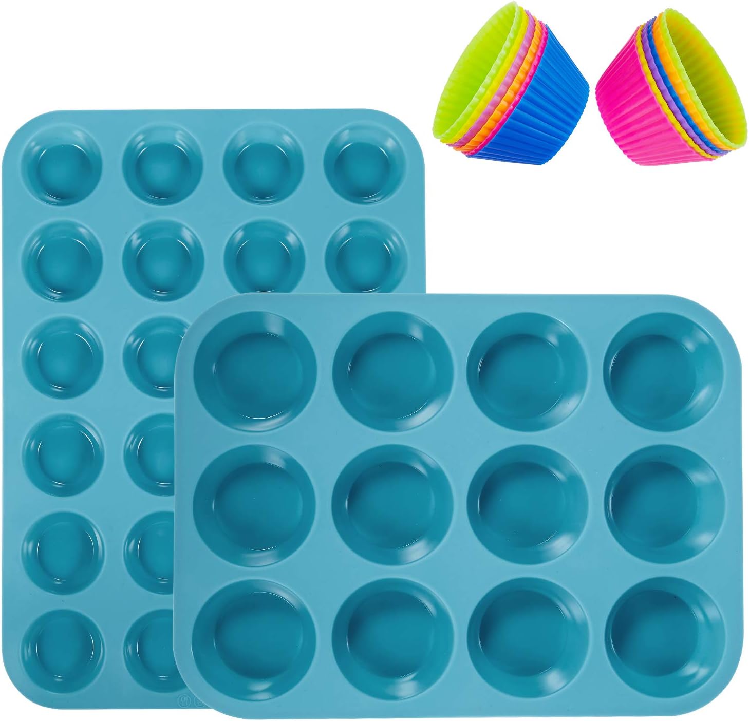WARMWIND Silicone Muffin Pans, Non-Stick Cupcake Mold Included Mini 24 Cups, 12 Regular Cups, 12 Circle Cups, Silicone Bakeware Tray, Dishwasher Safe (Teal Blue)