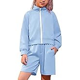 QPANCY Two Piece Sets for Girls Casual Sweatsuit Long Sleeve Full Zip Up Tracksuit Kid Sweat Shorts Sets