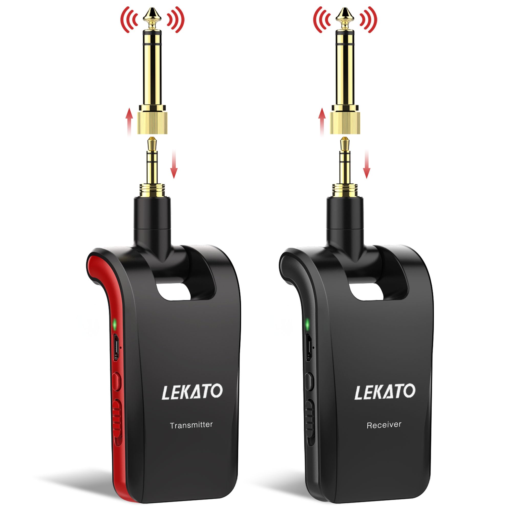 LEKATO Wireless Guitar System with Dual Jacks for Musical Instruments, 2.4GHz Rechargeable Wireless Guitar Transmitter Receiver,Stereo Cordless Guiar Lead Bass Jack for Acoustic Electric Guitar, Bass