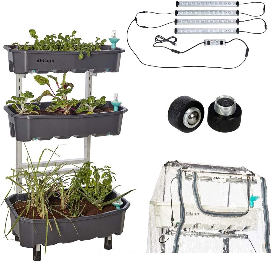 Altifarm Combo Home Farm: Vertical Raised Bed Elevated Garden Self-Watering Planter Kit (3 Tier, Grey) Plus Expansion Packs Grow System + LED Grow Lights + Greenhouse Cover + Wheel Kit