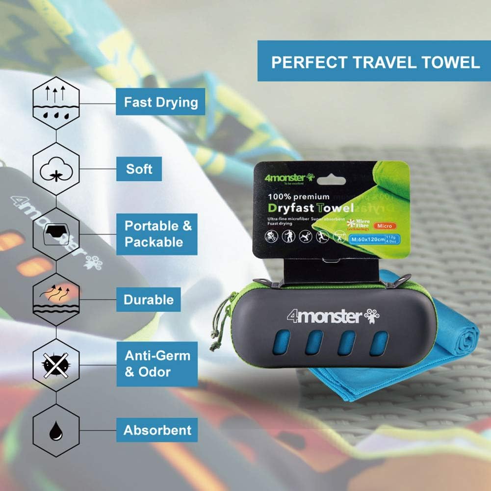 4Monster Microfiber Towel, Travel Towel, Camping Towel,Medium Size 24 x 48¡±, Fast Drying, Soft Light Weight,Suitable for Gym, Beach, Swimming, Backpacking and More: Home & Kitchen