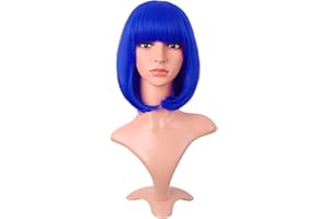 MapofBeauty 12 Inch /30 cm Fashion Lady Short Straight Synthetic Flat Bangs Bob Wig (Navy Blue)